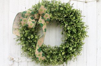 st. Patrick's Day Wreath, Shamrock Front Door Greenery Irish Outdoor Boxwood Wreath With Burlap Bow