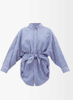 Tie-waist Striped Crinkled Cotton-poplin Shirt