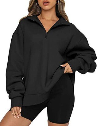 Kwunbwa Oversized Half Zip Pullover Women 1/4 Zip Pullover Sweatshirt Fall Trendy Black