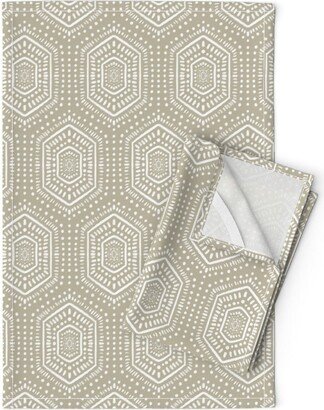 Taupe Geometric Tea Towels | Set Of 2 - Boho Painted Neutral By Designdn Bohemian Hexagon Linen Cotton Spoonflower