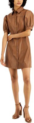 Kit & Sky Juniors' Faux-Leather Puff-Sleeve Button-Down Pleated Dress