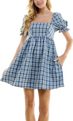 Juniors' Plaid Puff-Sleeve Babydoll Dress - Blue/Ivory