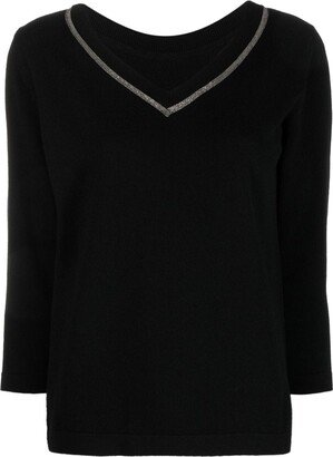 metallic trim V-neck jumper