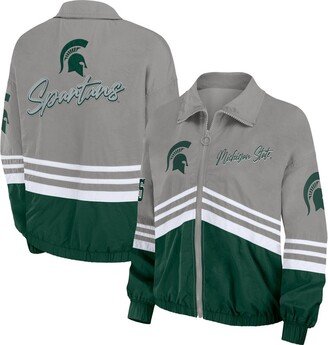 Women's Wear by Erin Andrews Gray Distressed Michigan State Spartans Vintage-Like Throwback Windbreaker Full-Zip Jacket