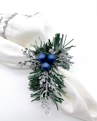 Silver Branches & Navy Blue Berries Napkin Ring Holder For Christmas & Hanukkah Dinner Table Decor, With Pine Needles Green Leaves