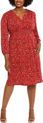 Plus Size Printed Smocked-Waist 3/4-Sleeve Dress - Wine/Brown