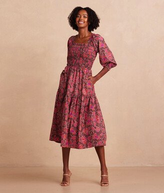 The Countryside Poplin Smocked Midi Dress - Vineyard Blooms in Pinot