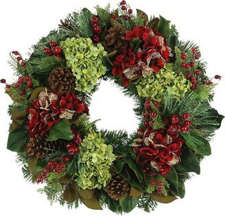 Creative Displays 28In Holiday Wreath With Red Hydrangeas, Berries And Pinecones