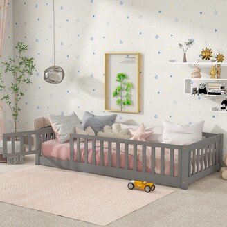 Aoolive Floor Platform Bed with Fence and Door Twin/Full/Queen Size , Wooden Playpen Bed for Kids, Kids Fence Bed, No Box Spring Needed
