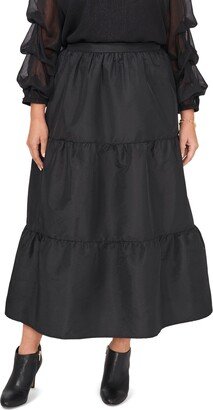 Tiered Off the Shoulder Long Sleeve Iridescent Taffeta Dress