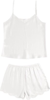 Soft Strokes Silk Pure Mulberry Silk Pearl White Camisole And Scalloped Shorts Set