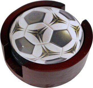 Soccer Ball Coaster Set Of 5 With Wood Holder