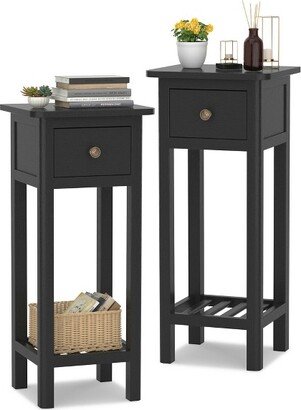 2PCS 2 Tier End Bedside Sofa Side Table with Drawer Shelf Acacia Wood Nightstand Black