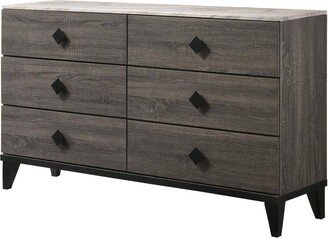 6 Drawer Wooden Dresser with Grains and Angled Legs, Gray