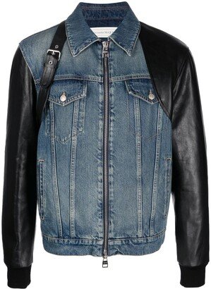 Harness-Detail Leather Denim Jacket