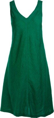 Haris Cotton “V” Neckline Flared Linen Dress - Emerald