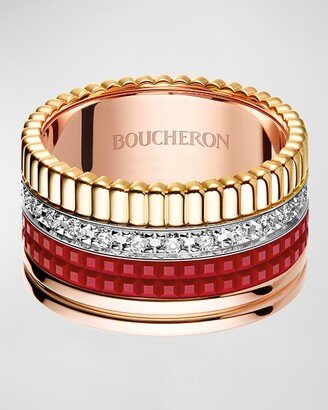 Quatre Large Ring in Tricolor Gold with Red Ceramic and Diamonds, EU 55 / US 7.25