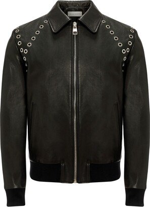 Punch-Holes Zip-Up Leather Jacket