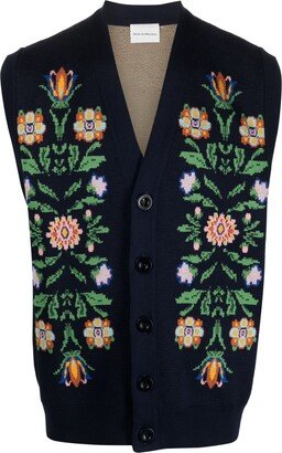 Floral-Intarsia Knit Sleeveless Cardigan