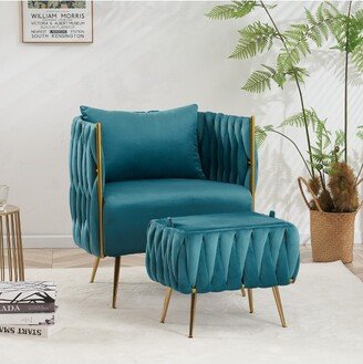 FERPIT Modern Upholstered Velvet Accent Chair and Ottoman Set, Peacock Blue