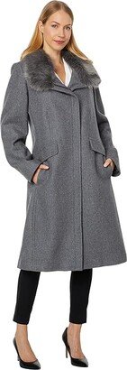 Military Plaid Faux Fur Collar V29778-ME (Medium Grey) Women's Coat