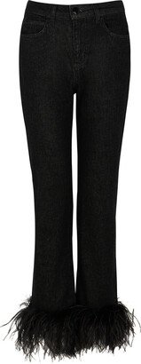 Black Feather-trimmed Slim-leg Jeans