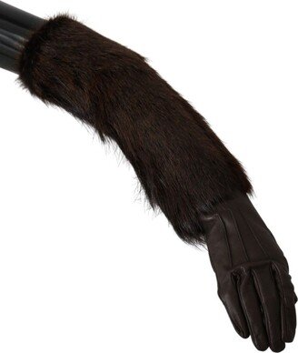 Brown Elbow Length Mittens Leather Fur Women's Gloves