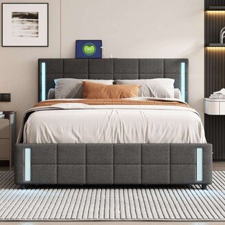 IGEMAN Upholstered Platform Bed with LED Lights,USB Charging and 4 Drawers