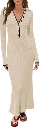 Generic Women's Long Sleeve V Neck Sweater Dress Button Ribbed Knit Slim Fit Elegant Maxi Dresses Sweater for Dress (Beige