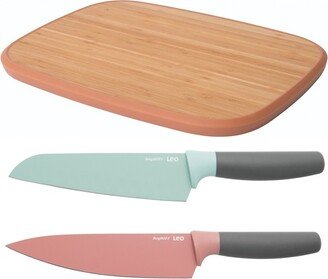 Leo 3Pc Knife Set, Cutting Board, Fitted Protective-Sleeve, Pink, Green