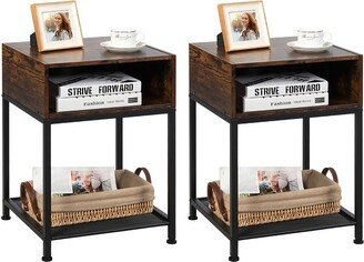 Set of 2 Industrial Nightstand End Side Table W/ Compartment & Mesh Shelf