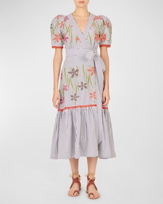 Nicola Floral-Embroidered Striped Midi Wrap Dress