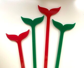 Christmas Whale's Tail Nautical Drink Stirrer/Swizzle Stick | Red And/Or Green Acrylic Tall & Short