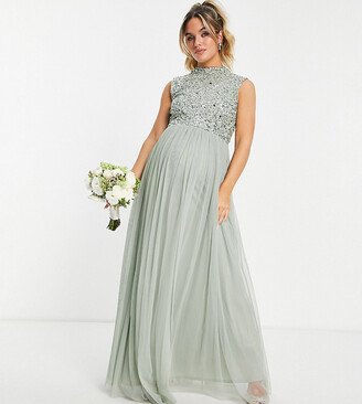 Beauut Maternity Bridesmaid 2 in 1 embellished maxi dress with full tulle skirt in sage