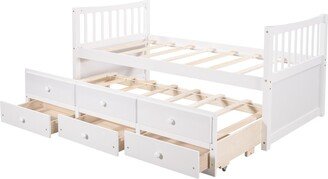 IGEMAN Twin Size Wood Storage Daybed with Trundle & 3 Drawers, 79.6''L*42.3''W*35.4''H, 120LBS