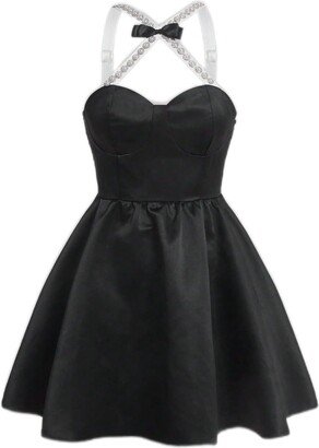 ESENTL Women's Dresses Contrast Tape Bow Front Halter Neck Backless Dress Dress for Women (Color : Black