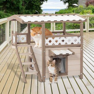 Outdoor Cat House Kitty Houses with Durable PVC Roof Curtain and Stair