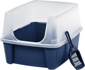 Iris Usa Open-Top Cat Litter Box with Shield and Scoop, Navy