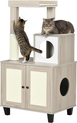 Cat Litter Box Enclosure Furniture with Cat Tree, Hidden Litter Box with Scratching Post, Bed, Modern Cat House Indoor, Gray