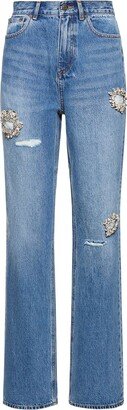 Distressed embellished high waist jeans