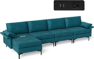 Modern Modular L-shaped Sectional Sofa w/ Reversible Chaise & 2 USB Ports Blue