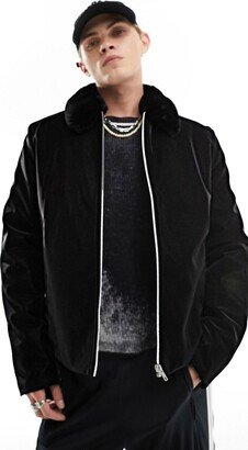 high shine faux leather jacket with faux fur collar in black