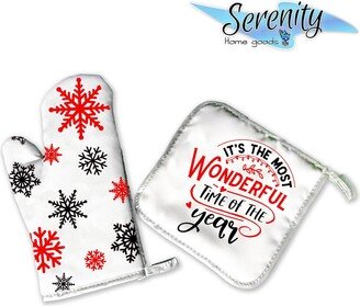 Most Wonderful Time Of The Year | Decorative Kitchen Hot Plate Pot Holder Oven Mitt Set Snowflake Christmas Red