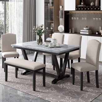 TONWIN 6pcs Dining set 4 Chairs 1 Bench and Marbled Veneers Tabletop White