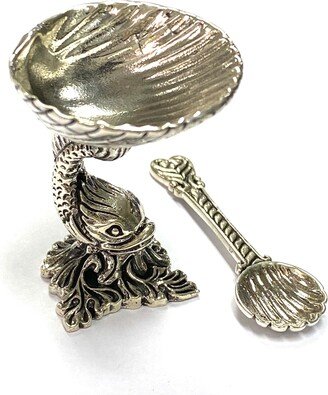 Victorian Style Fish Salt & Pepper Dish With Spoon Pattern 925 Sterling Sliver