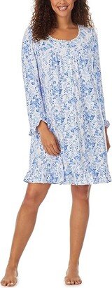 Long Sleeve Sweater Knit Gown (White Blue Floral) Women's Pajama