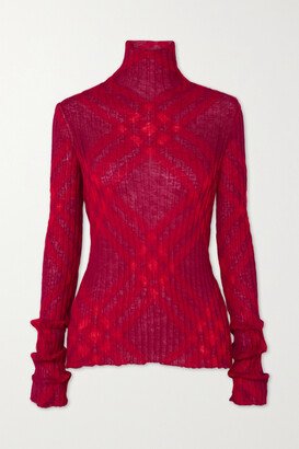 Checked Ribbed Mohair-blend Turtleneck Sweater - Red