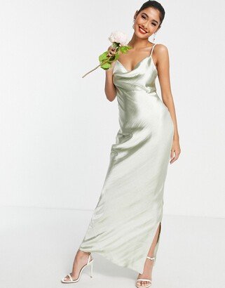 Bridesmaid cami maxi slip dress in high shine satin with lace up back in sage