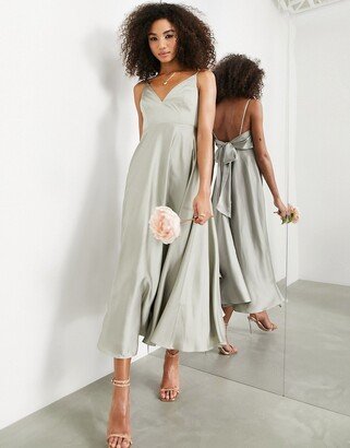 Bridesmaid satin midi dress with tie back in sage green