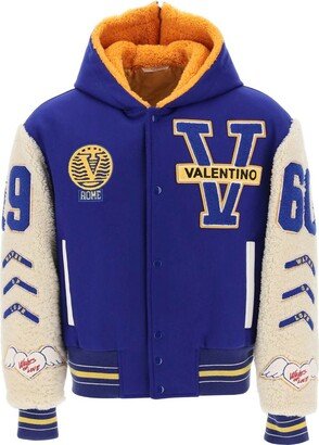 varsity bomber jacket with shearling sleeves